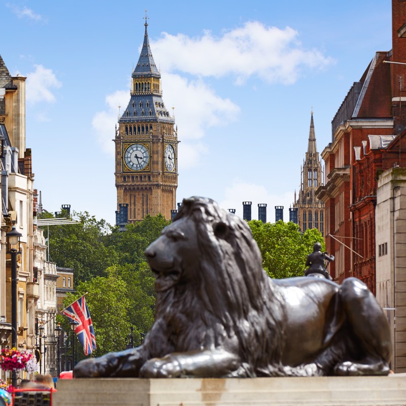 London's Trafalgar Square with Big Ben in the distance.