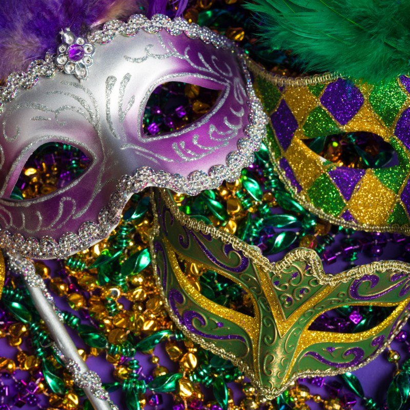 Masks and beads to celebrate Mardi Gras.
