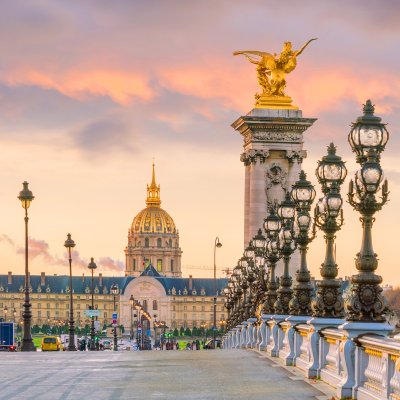 Paris, France, at sunset.