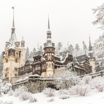Peles Castle in Romania during winter.