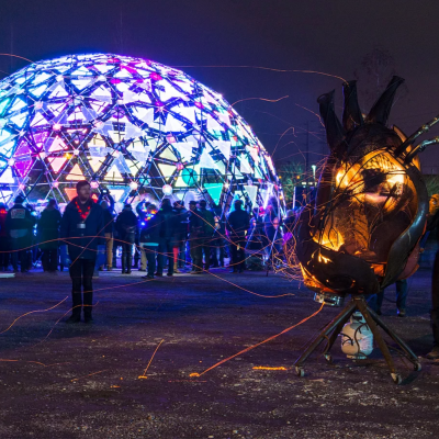 "Radiance Dome" by Light at Play and "Fire Heart" by Richard Cawley