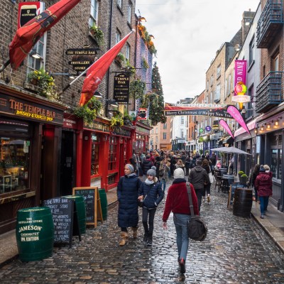 Restaurants and shops in downtown Dublin, Ireland.