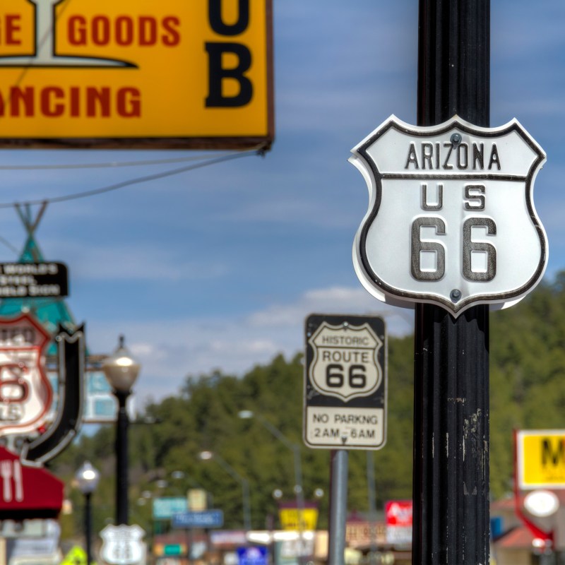 Route 66 signs in downtown Williams, Arizona.