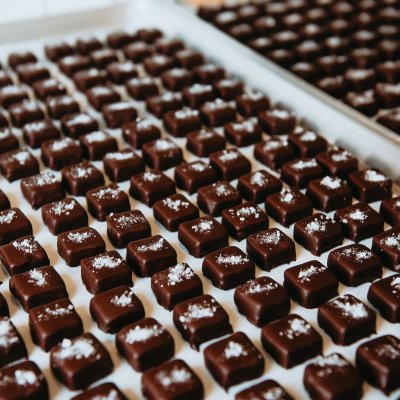 Sea salt caramels on a tray.