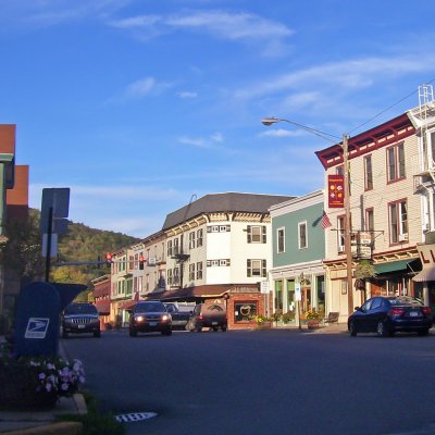 Shops along main street in downtown Margaretville, New York.