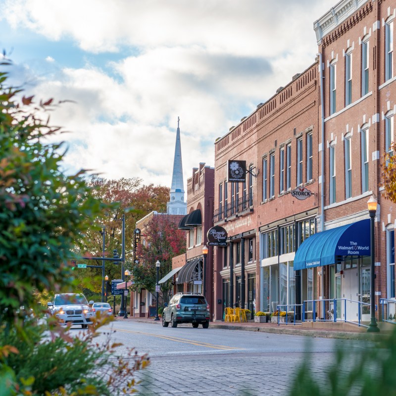 Shops along main street in downtown Bentonville, Arkansas.