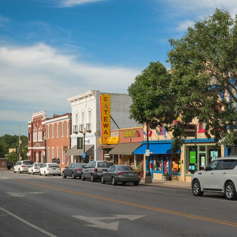 Shops along main street in quaint Independence, Missouri.