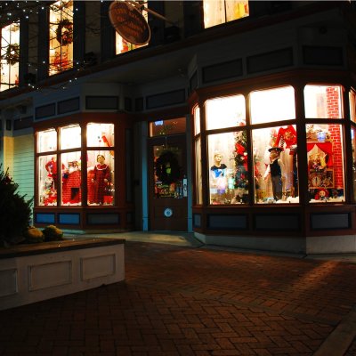 Shops decorated for Christmas in downtown Cape May, New Jersey.