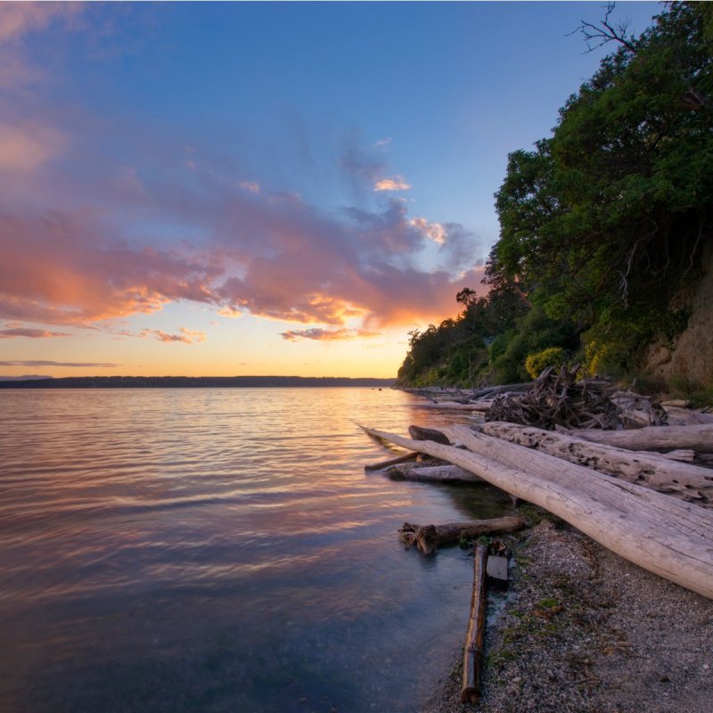 Sunset, Camano Island, Washington, shoreline.