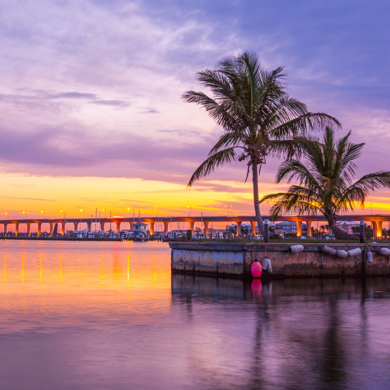 Sunset over the harbor in Stuart, Florida.