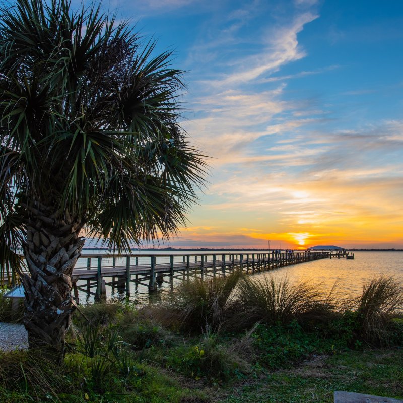 Sunset over the Melbourne Beach Pier on Florida's Space Coast.