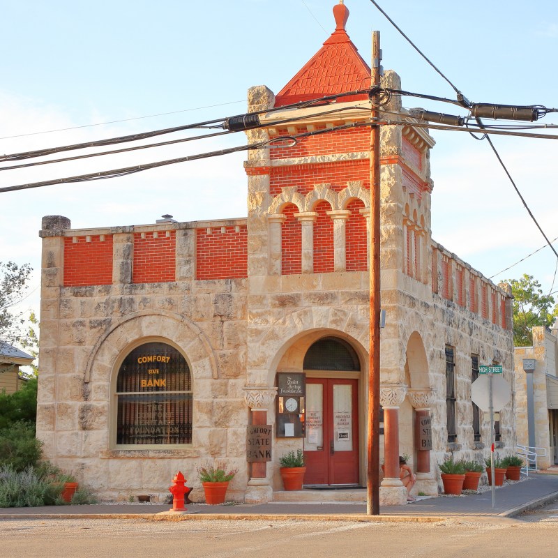 The historic Comfort Bank building in Comfort, Texas.