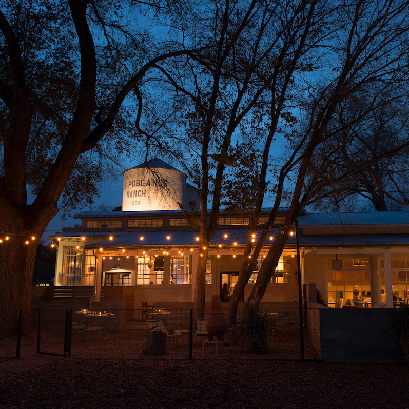 The inn's restaurant at night.