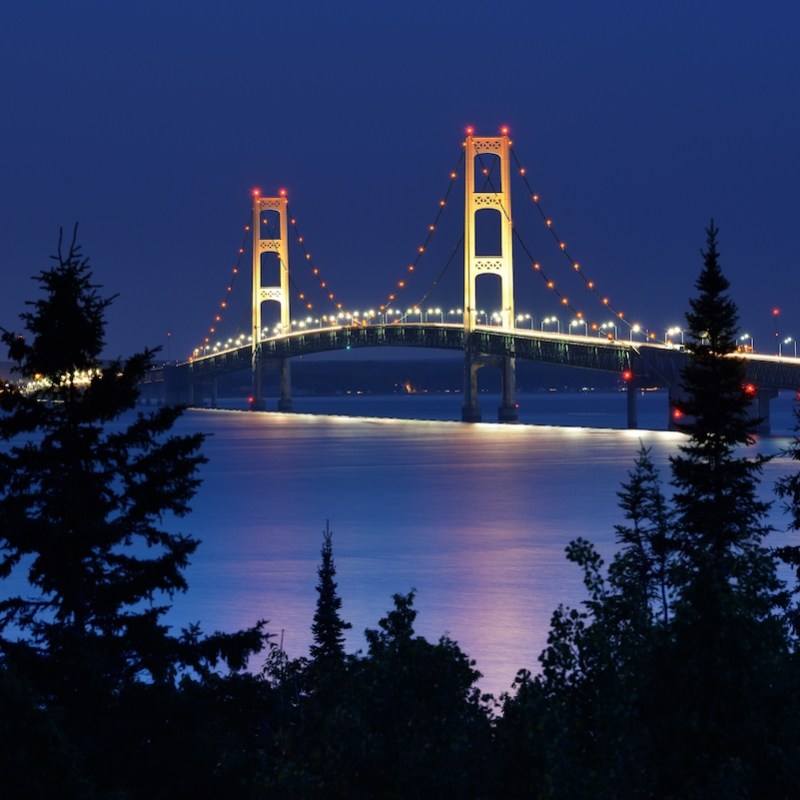 The Mackinac Bridge at night time.