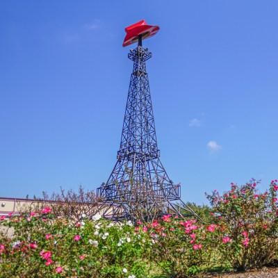 The Paris, Texas, Eiffel Tower with a cowboy hat on top.