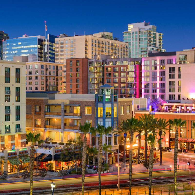 The San Diego skyline at night.