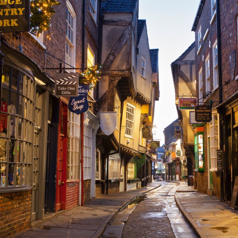 The Shambles in York, England, decorated for Christmas.