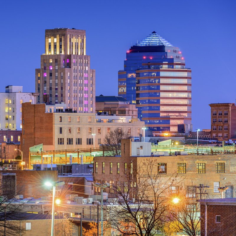 The skyline of Durham, North Carolina.