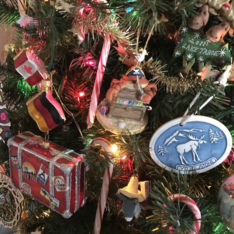 Travel-themed Christmas ornaments from the writers' trips.