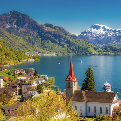 Views of Lake Lucerne from the village of Weggis in Switzerland.
