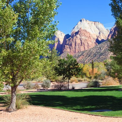 Views of the Zion Canyon peaks from downtown Springdale, Utah.