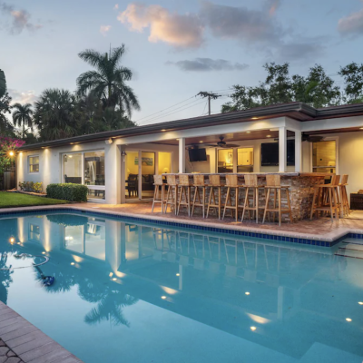 Waterfront oasis with boat dock.