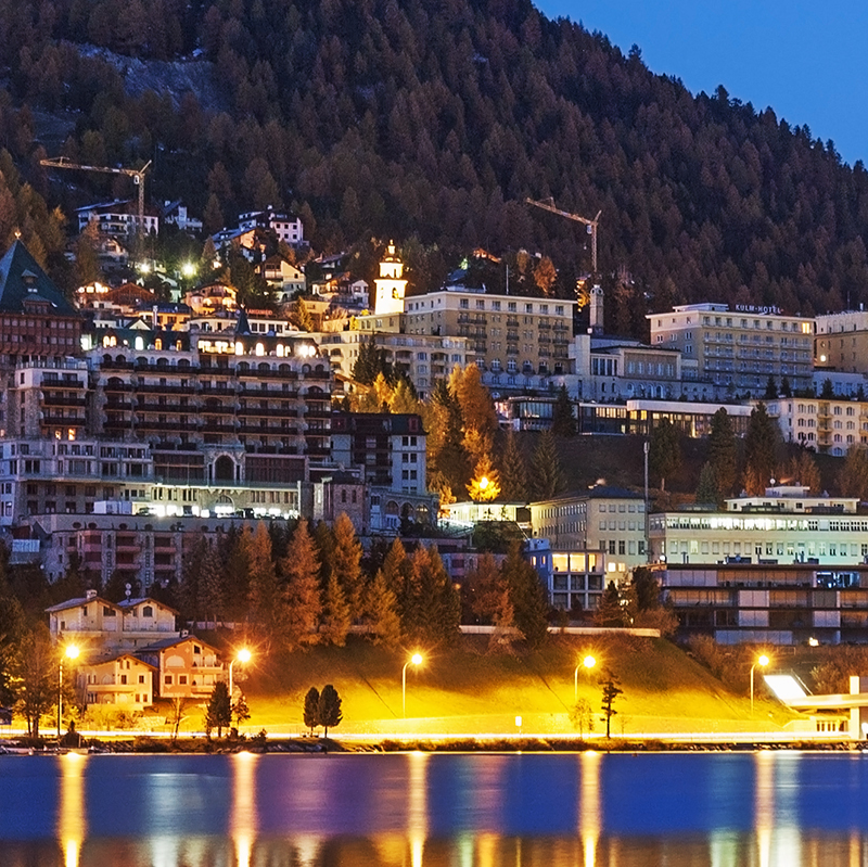 St. Moritz with Lake St. Moritz at night in Grisons (Graubuenden), Switzerland