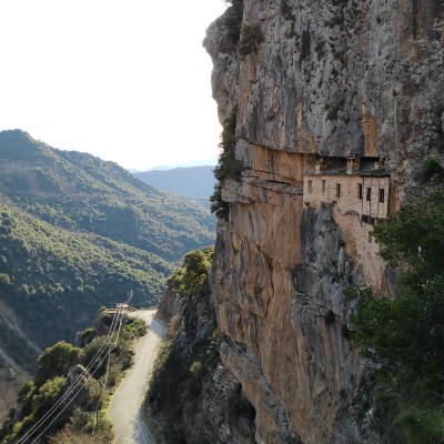 A monastery carved in the mountain.