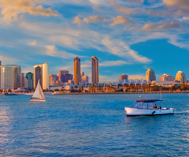view of San Diego bay from boat rental on Pacific ocean