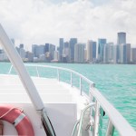View from inside recreational boat with Miami skyline in the distance