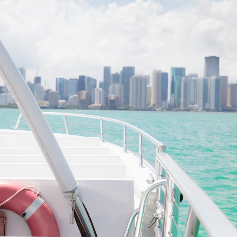 View from inside recreational boat with Miami skyline in the distance