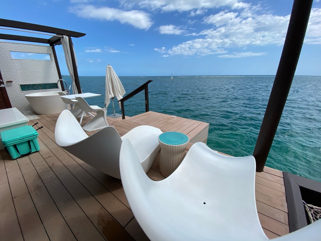 Over-the-water bungalow private deck with ocean views for miles.