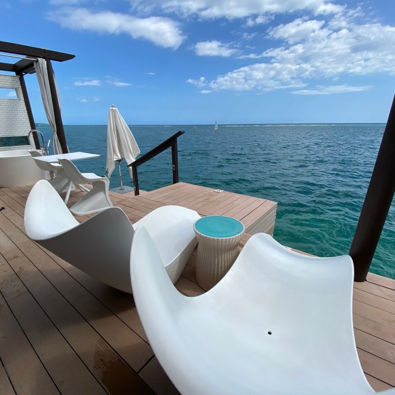 Over-the-water bungalow private deck with ocean views for miles.