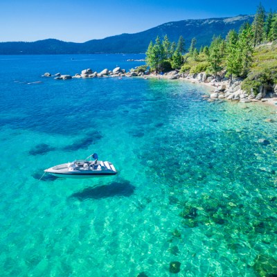 aerial view of boat in Emerald Bay in Lake Tahoe