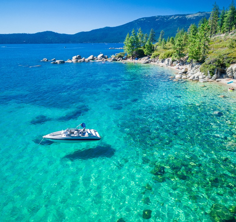 aerial view of boat in Emerald Bay in Lake Tahoe