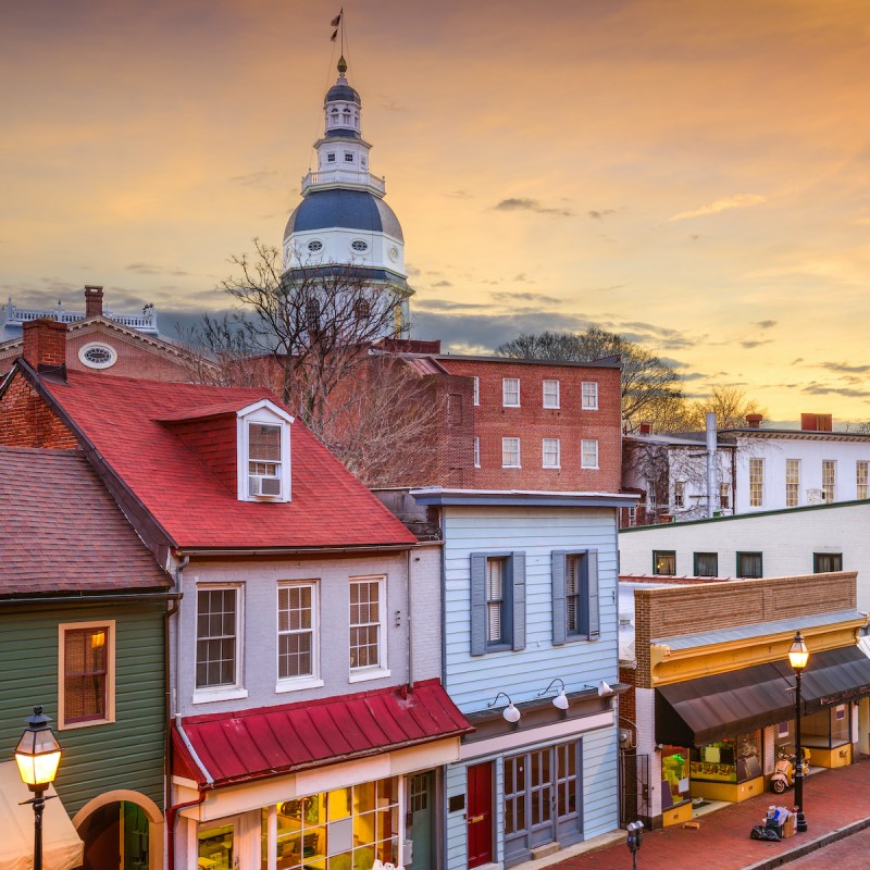 Downtown view over Main Street with the State House in Annapolis, Maryland.