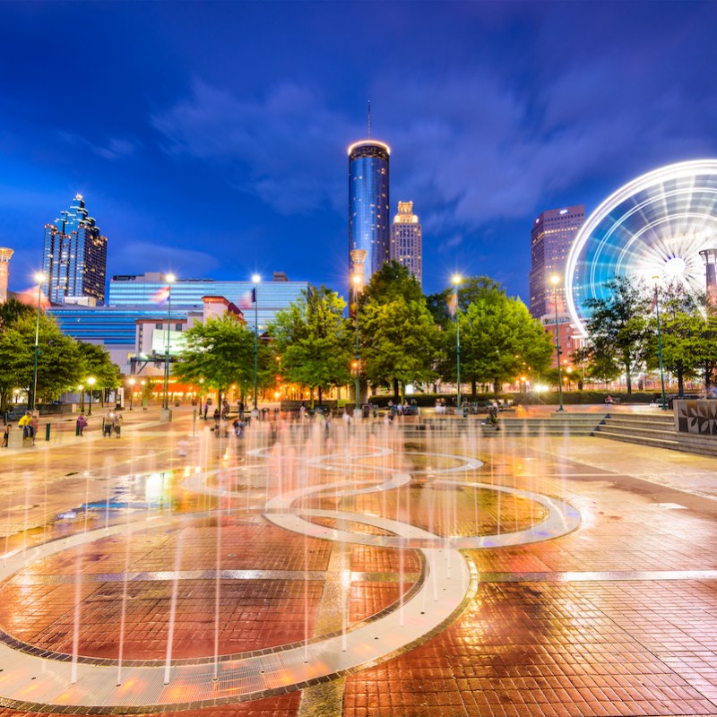 Centennial Olympic Park at night fountains and Ferris wheel Atlanta, Georgia