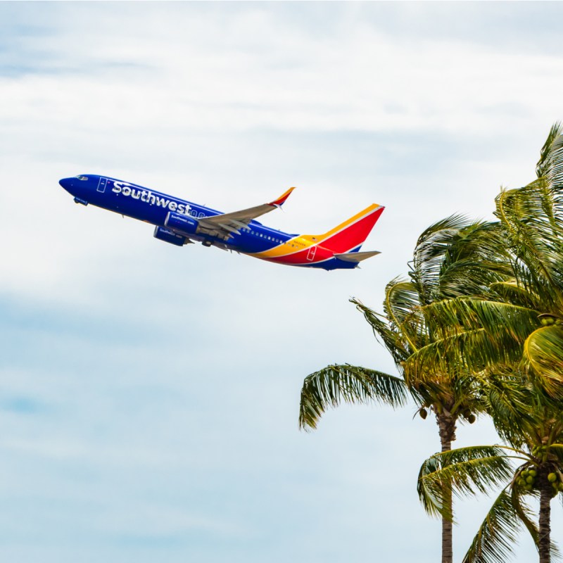 Southwest Airlines flight over Honolulu, Hawaii.