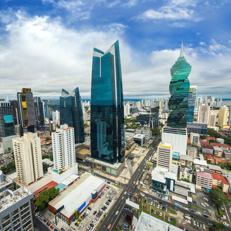 Aerial view of the modern skyline of Panama City , Panama.