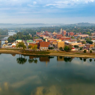 view of Ohio River byway in front of small town Marietta, Ohio