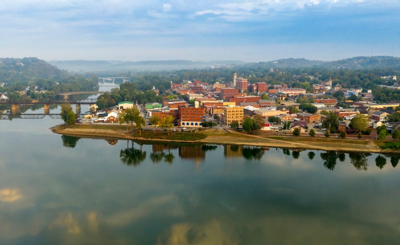 view of Ohio River byway in front of small town Marietta, Ohio