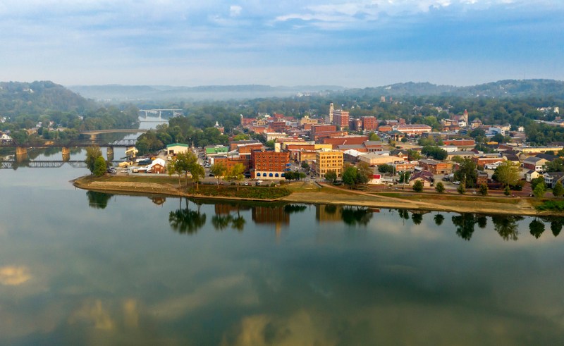 view of Ohio River byway in front of small town Marietta, Ohio