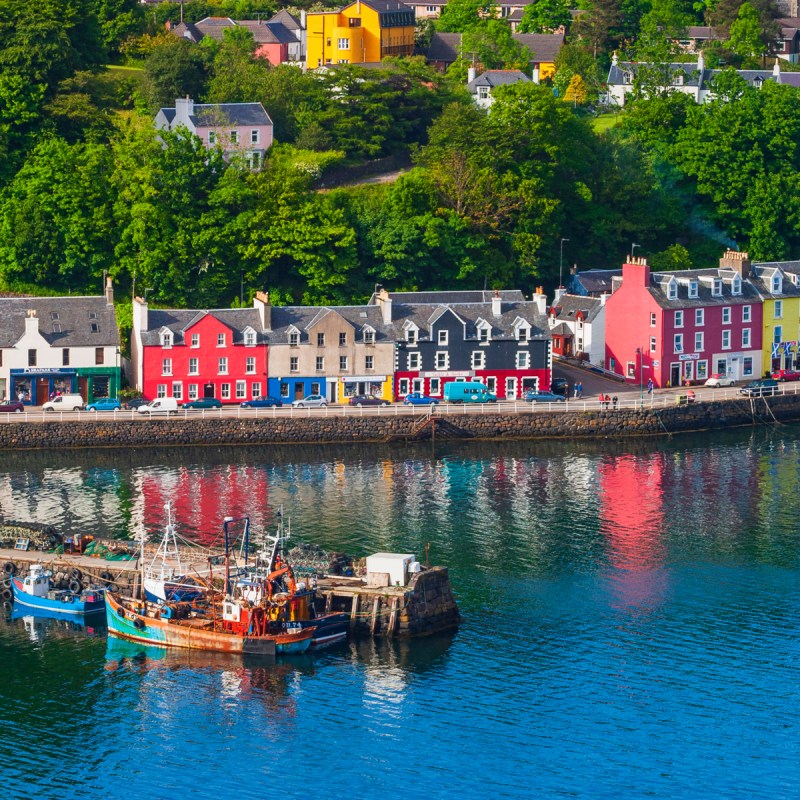 High angle view at a harbor in Tobermory on Scotland coast