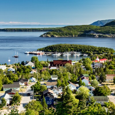 Aerial view of City of Tadoussac, Quebec, Canada. Saguenay river and St-Lawrence river.