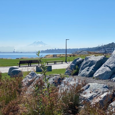 Views of Mount Rainier and the Port of Tacoma from Dune Peninsula Park