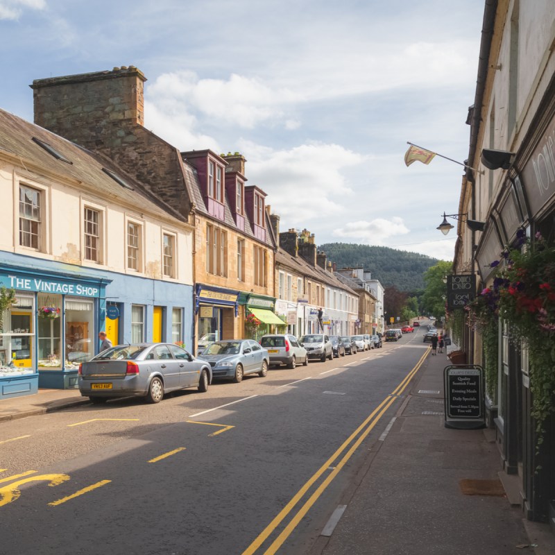 Street through Dunkeld, Scotland, in the highlands.