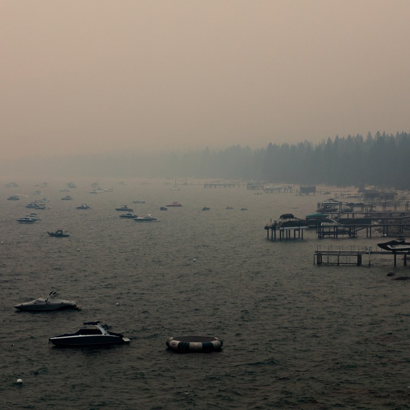 The Caldor Fire darkens the skies over Incline Village on Lake Tahoe's north shore, August 22, 2021