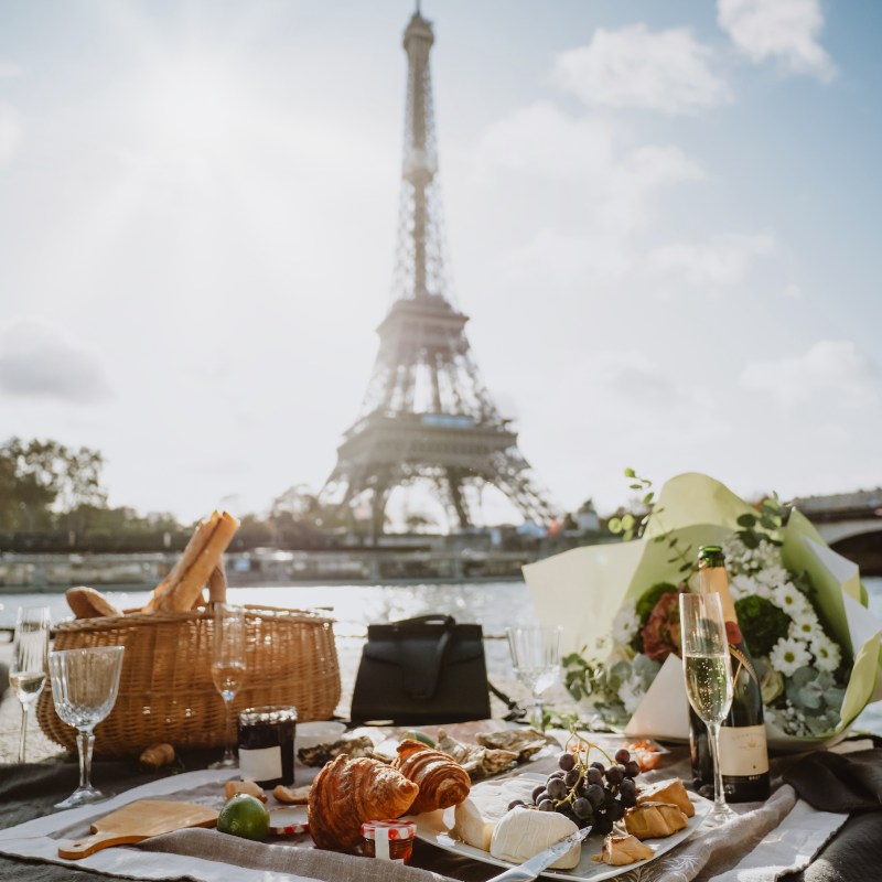 Picnic near the Seine in front of Eiffel tower. Fruits, french cheeses, shrimps, snacks, croissants, oysters, foie gras, delicacies, a bouquet of flowers and a bottle of expensive champagne.