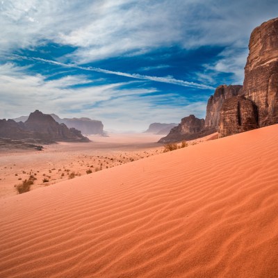 Dunes and rock formations in Wadi Rum, Jordan.