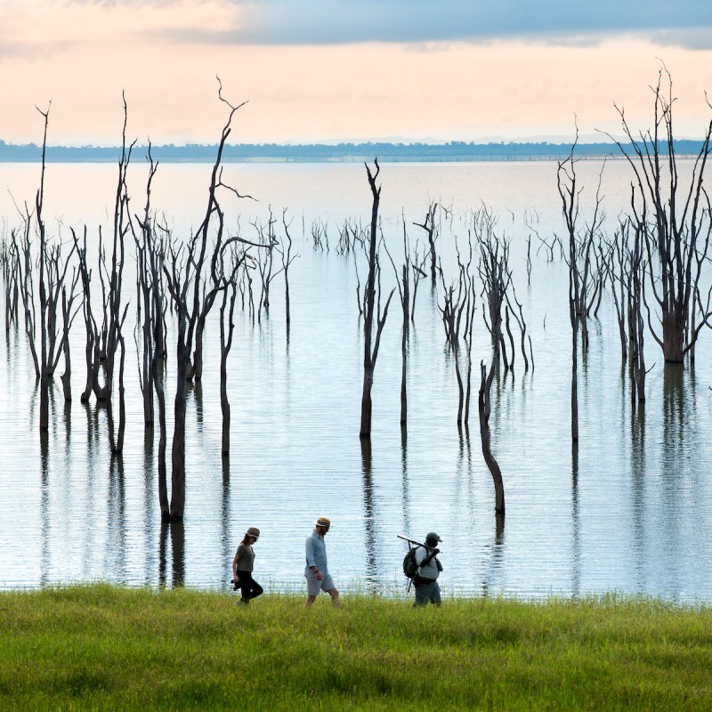 People walking along Lake Kariba.